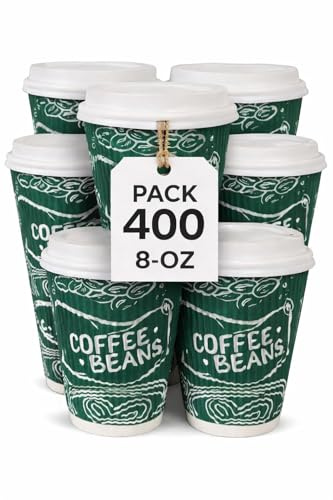 400 Pack 8oz Ripple Wall Coffee Cups with Lids – Triple Wall Insulated Disposable Paper Cups, Leakproof Kraft Takeaway Cups for Hot Drinks, Tea, Coffee, Office & Catering