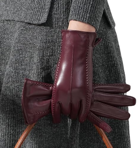 Damen Lederhandschuhe Winter Lammfell Handschuhe Touchscreen Kompatibel zum Fahren Radfahren Winddicht mit Fleecefutter für Wärme und Weichheit