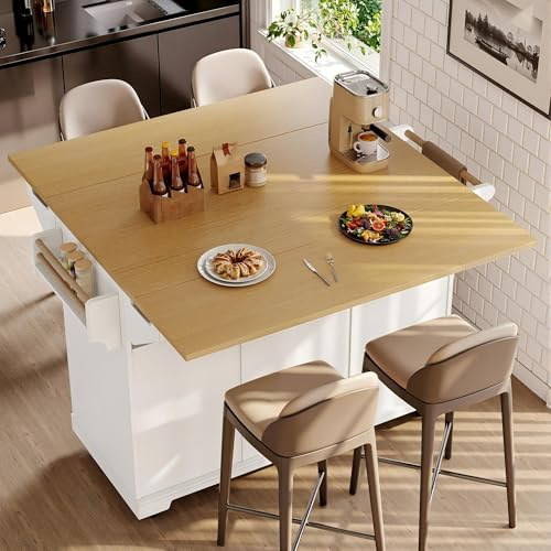 LAKFEW Isla de Cocina Moderna, Isla Cocina con Ruedas y Tableros Plegables en Ambos Lados, Mueble Auxiliar Muebles Cocina con 3 Cajones y 2 Puertas, Ilha de Cozinha, 142.5x40(80) x95 cm, Blanco