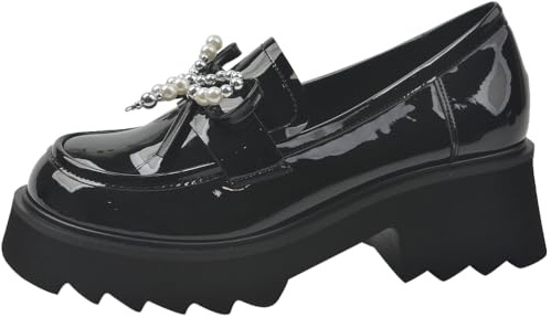Mocasines con Plataforma de Cuero Patentado Mujer con Detalle de Lazo de Perlas Estilo Gothic Mary Jane Slip On Zapatos de Vestir Negros con Suela de Tacos Gruesa,Blackb,39 EU