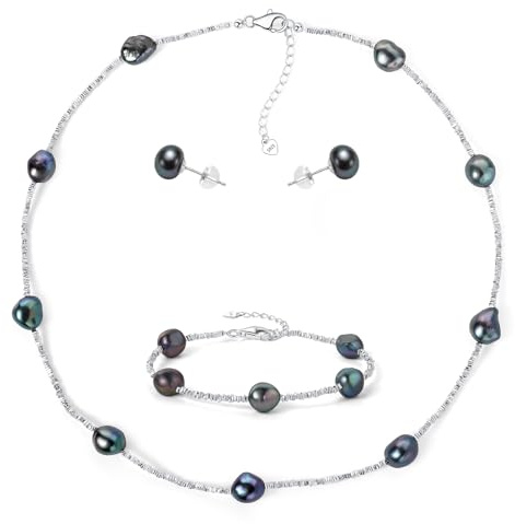 YAMI Barockperlenkette Set mit Bruchsilber Elementen (Halskette+Armband +Ohrringe), 8-9mm Salzwasserperlenkette, Perlenohrringe Silber 925, Perlenschmuck Set Damenschmuck für Jeden Anlass