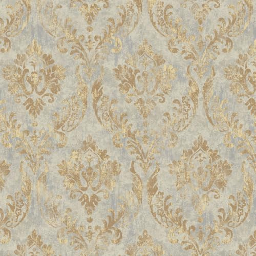 PROLEMIX Vintage Damask Self-Adhesive Wallpaper, Grey and Gold, Waterproof Decorative Wall Covering for Bedroom and Bathroom, 44 x 300 cm（17.3 x 118 Inches）