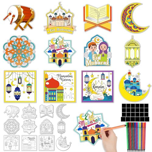 HOWAF 24 Stück Ramadan Eid Mubarak Karten zum Bemalen Ramazan Dekor, Grußkarten Eid Mubarak Dekoration Kühlschrankmagnete mit 12 Farbstiften Ramadan Basteln Kinder für Islamische Muslimische Geschenke