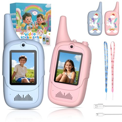 FUNYKICH Video Walkie Talkie Bambini a Doppia Fotocamera,Video Walkie Talkie Bambini con Videochiamata,6 Effetti Vocale e Custodia Antishock Unicorno,Portata 350m,per Bambini 3-12 Anni,Regalo
