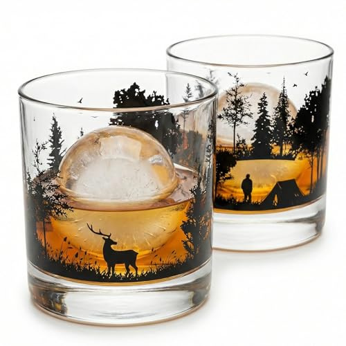 Breezio Whisky Gläser 2er Set mit Wald Panorama - Whiskeygläser mit Schwarzem 360° Print, Spülmaschinenfest, Premium 250ml Whiskey Gläser, besonderes Whisky Geschenkset für Männer