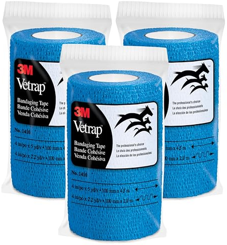 3M Vetrap Bandaging Tape, Blue, 4 in x 5 yd, 3 Pack (3 Rolls), Self-Adherent Cohesive Wrap, Hand-Tear, Latex-Free Hypoallergenic, Sticks to Itself Not Fur