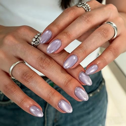 KQueenst Cat Eye Light Purple Press on Nails Short Oval, Chrome False Nails with a Sparkle Finish, Glazed Gel Glue on Nails Press Ons Short, Cute Design, 30 Pcs 15 Sizes Reusable Thick Nail Set
