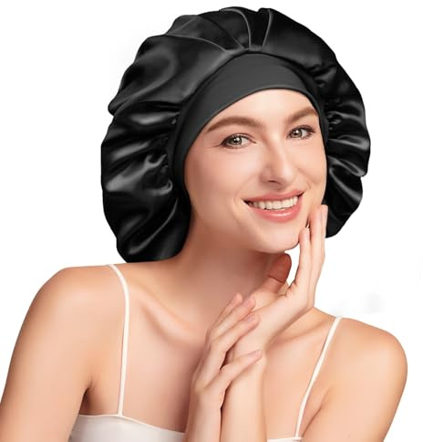 Umisleep Gorro de Seda para Dormir con Interior 100% Seda de Morera 22 Momme, Doble Capa – Gorro Grande para Pelo Rizado/Largo con Banda Ancha Ajustable, ultrasuave, Negro+Morado (Paquete de 2)