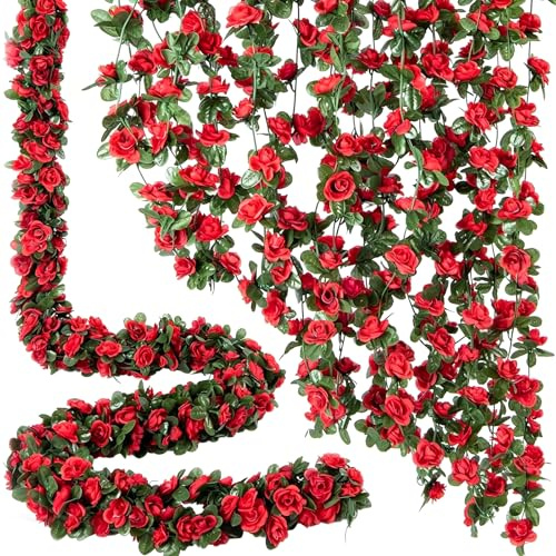 Mtbricey 4 Stück Blumengirlande Rot Künstlich 2.3M/7.55FT für Hochzeit | Kunstblumen Seiden Rosen Girlande Hängend Realistischem Rosengirlande Deko für Blumenwand Hause Wohnzimmer Garten