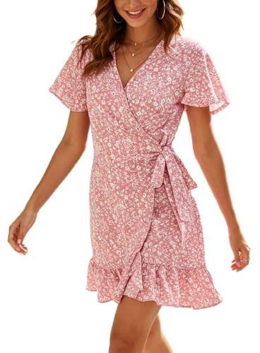 POMTIMCO Damen Kleid V Ausschnitt Kurzarm Wickelkleid Rüschensaum Knielang Kurz Kleid Freizeitkleider Sommer Strand Wrap Dress