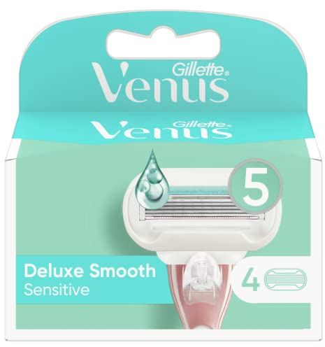 Gillette Venus Deluxe Smooth Sensitive Ersatzklingen für Damenrasiermaschine, 4 Stück, Maschinensets mit 5 Klingen und Skinelixir Feuchtigkeitsband