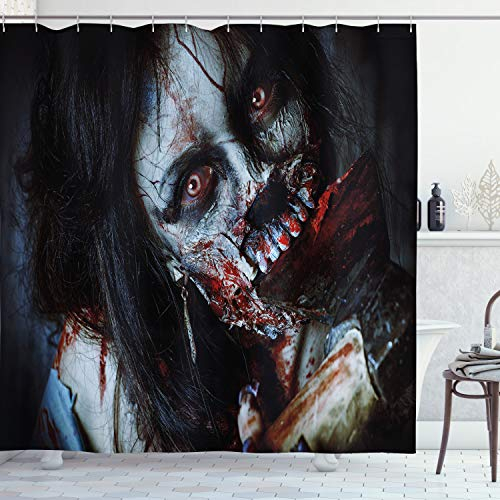 ABAKUHAUS Duschvorhang, Furchteinfliesende Tote Frau Zombie Blutige Axe Evil Fantasy Gothic Geheimnis Halloween, Blickdicht aus Stoff inkl. 12 Ringe für Das Badezimmer, 175 X 200 cm, Dunker Nachtblau
