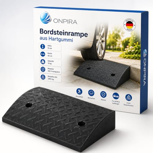ONPIRA® Bordsteinrampe aus Hartgummi 12 cm Höhe, 42 cm breit | Auffahrrampe bis 2800 kg belastbar, Rutschfest, Für PKW, Anhänger, Motorrad, Rollstuhl & Sackkarre