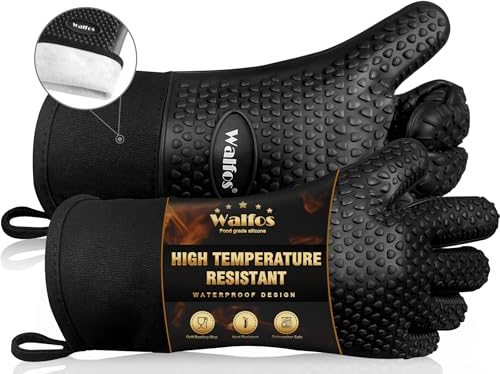 Walfos Oven Gloves, Silicone Oven Gloves with Fingers Heat Resistant up to 500°F, Non-Slip & Waterproof BBQ accessories for Barbecue Grilling Weber Pizza Microwave, Black