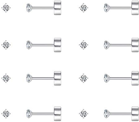 FOSIR 3mm Tiny Hypoallergenic Flat Back Earrings for Women Men Surgical Stainless Steel Stud Earrings Cubic Zirconia Studs Cartilage Earrings for Sensitive Ears Pack of 8 Pairs