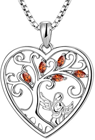 FJ Collana Madre e Figlia Argento 925 Ciondolo Albero della Vita Collana Angelo Custode con Gennaio Pietra Portafortuna Granato Gioielli Regalo per Donna Mamma Nonna