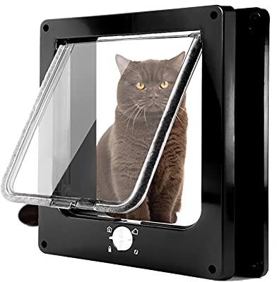 Große Katzenklappe 4 Wege Magnet-Verschluss, Einfache Installation Katzentür Haustiertür, Silent manuelle Haustierklappe in Wand/Holztür/Upvc innentür (Schwarz,L)