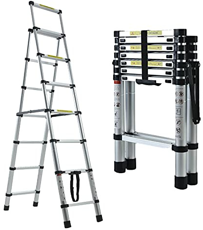 6.5FT Heavy Duty Telescoping Ladder 6+7 Steps Telescopic Extension Multi-Purpose Ladder Aluminum Telescoping Collapsible Ladder Meticulous Treatment Easy to Transport and Storage Convenient Handgrip
