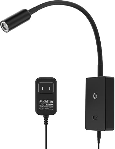 PRINCEWAY Touch Dimmable LED Wall Mount Bedside Spot Lamp, Black Flexible LED Wall Sconce Reading Light for Bedroom, 4 Brightness Levels (100%- 70%- 35%- 15%), Neutral White Lighting, 5V2A USB Output