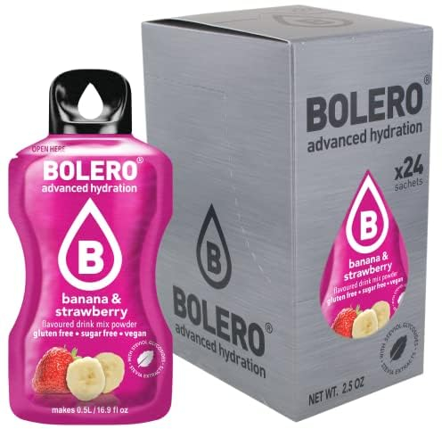 Bolero Drink - 24 bolsitas de 3 g de fruta preparada en polvo soluble para bebida fresca en agua, 72 gramos endulzado con stevia (plátano y fresa)
