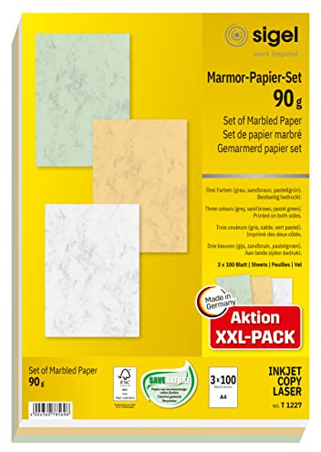 SIGEL Marmorpapier Set A4 300 Blatt 90 g Briefpapier | T1227, Farbmix aus je 100x Grau, Sandbraun und Pastellgrün als Briefpapier, Speisekarte