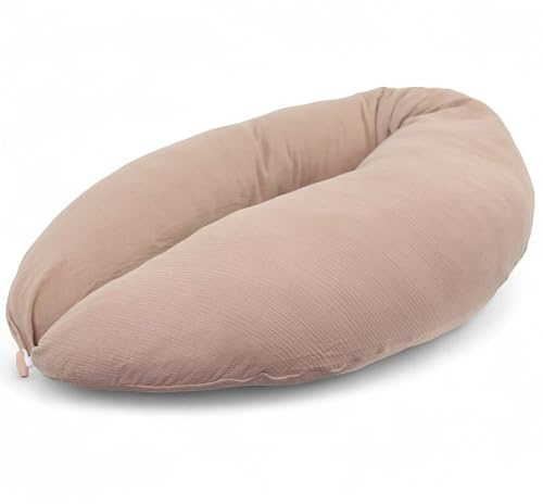 HOBEA-Germany Coussin d'allaitement 190 cm x 76 cm XXL Coussin de Grossesse Coussin pour Dormir sur Le côté avec Housse en Coton Biologique (Mousseline Taupe)