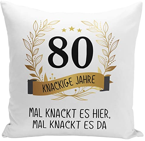 Tassenbrennerei Kudde 80-årsdag – 80 krispiga år gånger knäcker den här gången det spricker – inklusive kuddfyllning – födelsedagspresent rolig med ordspråk (80)