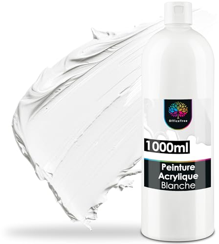 OfficeTree Acrylfarbe Weiß 1000ml auf Wasserbasis - Deckweiß - Weiße Acrylfarbe Deckend - White Acrylic Paint für Acrylmalerei, Hobbykünstler - Acrylfarben Weiss Wasserfest ideal zum Mischen
