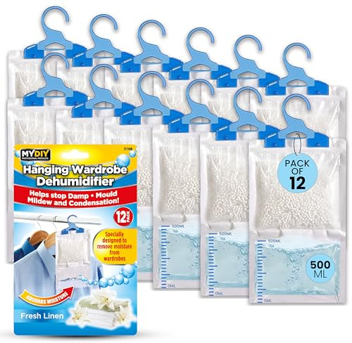 MY DIY Dehumidifiers for Home - 500ML Pack of 12 Wardrobe Dehumidifier Hanging Bags with Calcium Chloride Particles | Traps Moisture, Prevents Leaks, Mould, Mildew & Condensation, Maintains Freshness