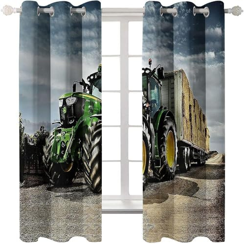 CTQTZ Traktor Blickdichte Vorhänge Mähdrescher & Traktoren Gardinen 2er Set H 160 x B 70 cm Blickdichte Gardinen Kurze Gardinen Kinderzimmer Schlafzimmer Ösenvorhang