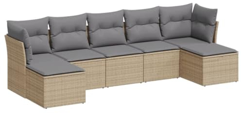 vidaXL Garten Sofa Garnitur 7-TLG., Gartenmöbel Set mit Kissen, Sitzgruppe für Garten Terrasse, Modular Gartensofa Hocker Lounge, Beige Poly Rattan