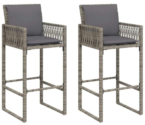 vidaXL Garten-Barhocker mit Kissen 2 STK. Grau Poly Rattan