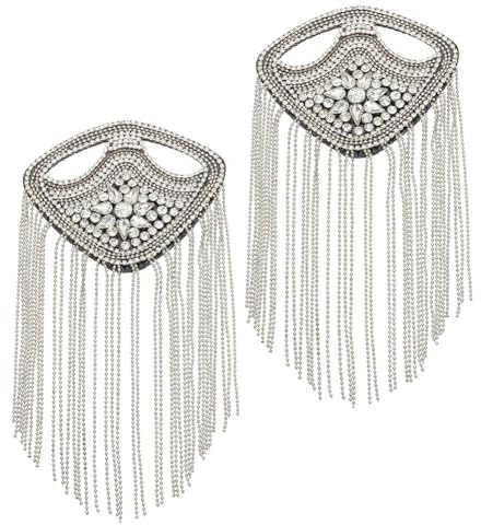 WEBEEDY 2 PCS Quaste Epaulette Strass Schulterabzeichen Quaste Kette Schulterabzeichen Perlen Kristall Schulterflicken Mit Quaste Für Männer Und Frauen Uniformzubehör (Silber)