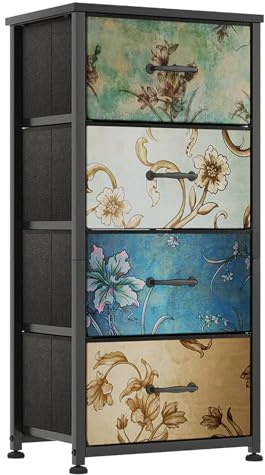 CAIYUN Chest of Drawers Bedroom with 4 Drawers and Flower Printing, Small Fabric Dressers, Dresser for Entryway Hallway Living Room, Closet Storage Drawer