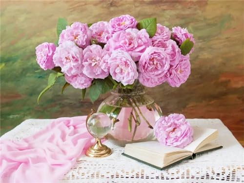 Aimaor Malen Nach Zahlen Erwachsene,Pflanze Rosa Paint by Numbers Adult Bastelset Malen-Nach-Zahlen Kinder Anfänger Leinwand Kreativ Set DIY Set Malen nach Zahlen（DIY Frame） 50x65cm