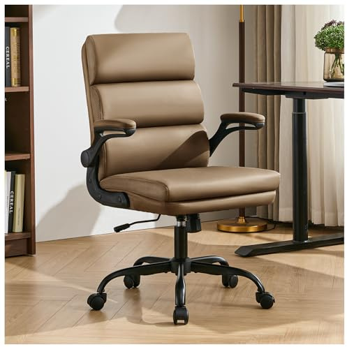 amseatec Executive Office Chair with Flip-Up Armrests, 3-Stage Lumbar Support, Ergonomic Mid Back PU Leather Swivel Chair, Comfy Desk Chairs with Tilt & Wheels, Height Adjustable for Home Office