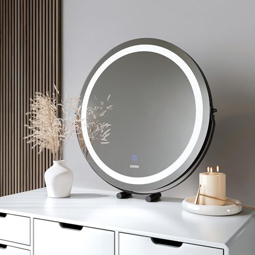 FABS Desktop Vanity Illuminated Makeup Mirror with Touch LED Lights Sensor 3 Colour Settings Dimmable Brightness Lighted Ring Dresser Mirror Black Frame and sturdy cylindrical stand (Riley Black)