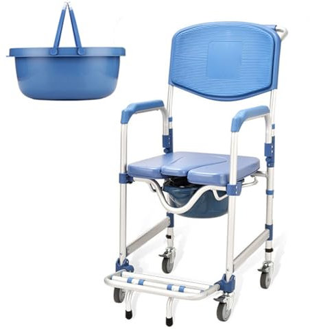 4-in-1-Toilettenstuhl für Senioren, klappbarer Duschstuhl mit Armlehnen, gepolsterter Toilettenstuhl mit Rollen, mobiler Toilettenstühle mit rädern, Tragfähigkeit 330 Pfund