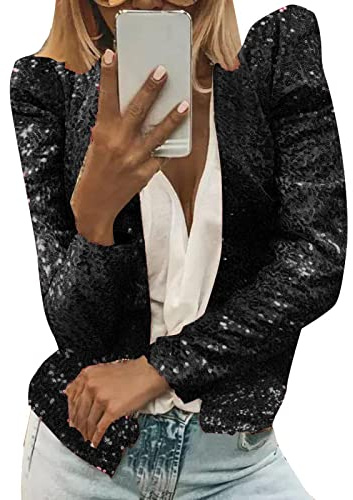 Glitzer Jacke Damen Fasching Open Front Pailletten Blazer Langarm Elegant Glitzer Cardigan Festliche Party Bolerojacke Casual Cropped Pailletten-Cardigan Leicht Mantel Strickjacke Paillettenjacke