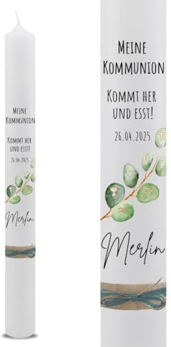 VILLA ROSA LOTTA – Personalisierbare Kommunionkerze Merlin mit Wunschdaten und Rückseite | christliche Symbole | Eukalyptus | 40 cm x 4 cm | für Jungen und Mädchen | Motto 2025