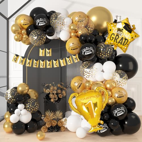 141PCS Luftballons Abschlussfeier Graduation Party Dekorations Schwarz Gold Bedruckter Luftballons 2025 Aluminium Ballon für Graduation Abschluss Party Deko