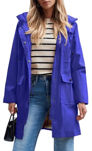 SaphiRose Damen Wasserdichte Regenjacke Lang Regenmantel Kapuze Windbreaker Trenchcoat, Blau, L