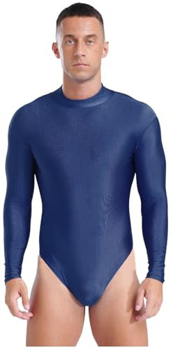 dPois Herren Gymnastik Body Langarm Turnbody Gymnastikanzug Trikot Leotard Bodysuit Einfarbig Training Workout Sport Outfit Navy blau L