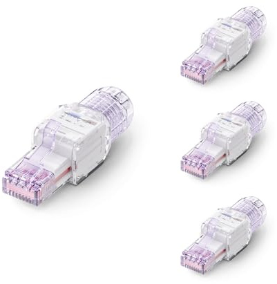 VCELINK Cat6A Conector RJ45 Sin Herramientas LSA, 10 Gbps/500 MHz, Compacto y Reutilizable, Clavija RJ45 UTP Bañado en Oro para Cable de Red AWG 23-26, Púrpura transparente, 4 Unidades