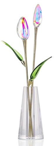 LONGWIN Crystal Tulips Flower Figurine Collectible with Vase Glass Spring Bouquet Flowers with Stem Home Decor Gift for Women Mom AB