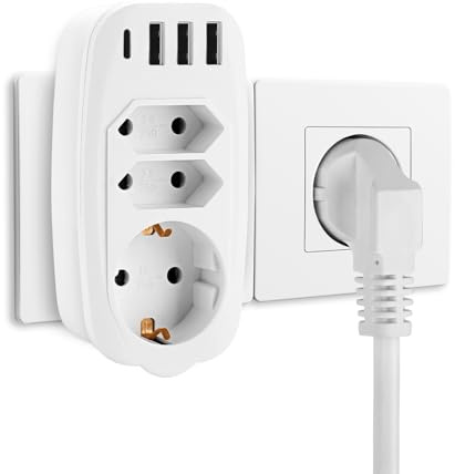 Doppelstecker für Steckdose, 7-in-1 Steckdosenadapter | 3 AC + 1 USB-C + 3 USB-A, 4000W/16A, Kompakt(11x8x5.5cm, 120g), Kindersicher, Steckdosenadapter für Reise & Haus, Weiß