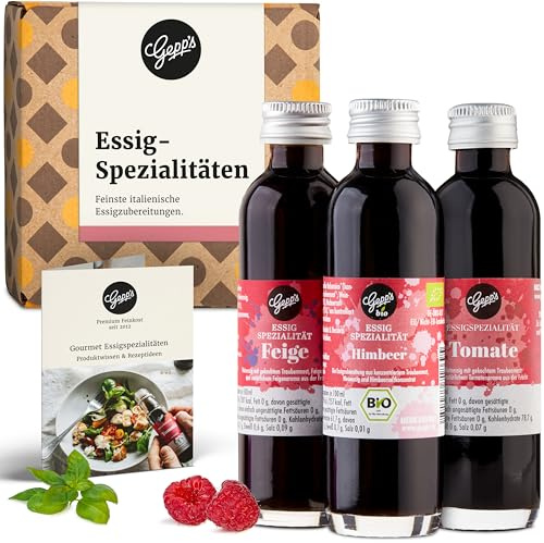 Gepp’s Feinkost 3er Mini Essig Set I Essig Geschenkset für Genießer | Tomaten Balsam, Feigen Balsam & Bio-Himbeeressig I Essig Geschenkbox I Ideal für Salate, Käse & mehr