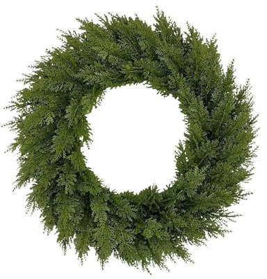 Corona de boj redonda sintética de 24 pulgadas, coronas grandes para puerta delantera, corona de vegetación de primavera y verano con banda para casa de campo, boda, todo el año, interiores y
