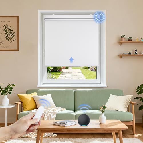 Grandekor Motorized Blinds with Remote | Blackout Cordless Electric Roller Shade Window Treatments, Compatible with Alexa/Google Assistant, for Bedroom, Living Room & Office,White|33 W x 72 H