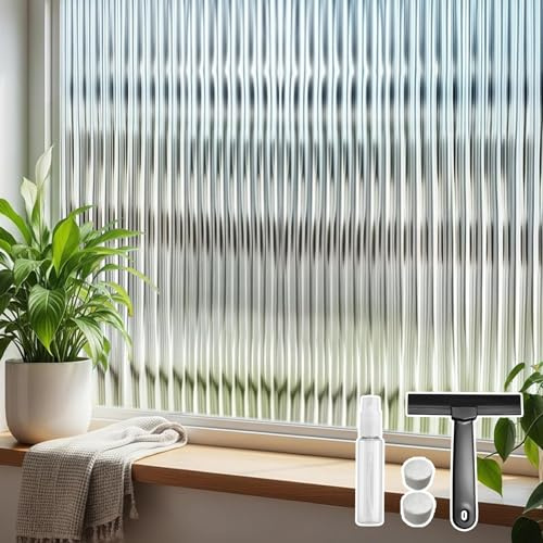 Qualsen Film Fenetre Anti Regard, Effet Verre Cannelé, 30x100cm | Rayures Larges Film Fenêtre, Décoratif Brise Vue Fenetre, Electrostatique sans Colle Anti UV, pour Bureau Chambre Cuisine